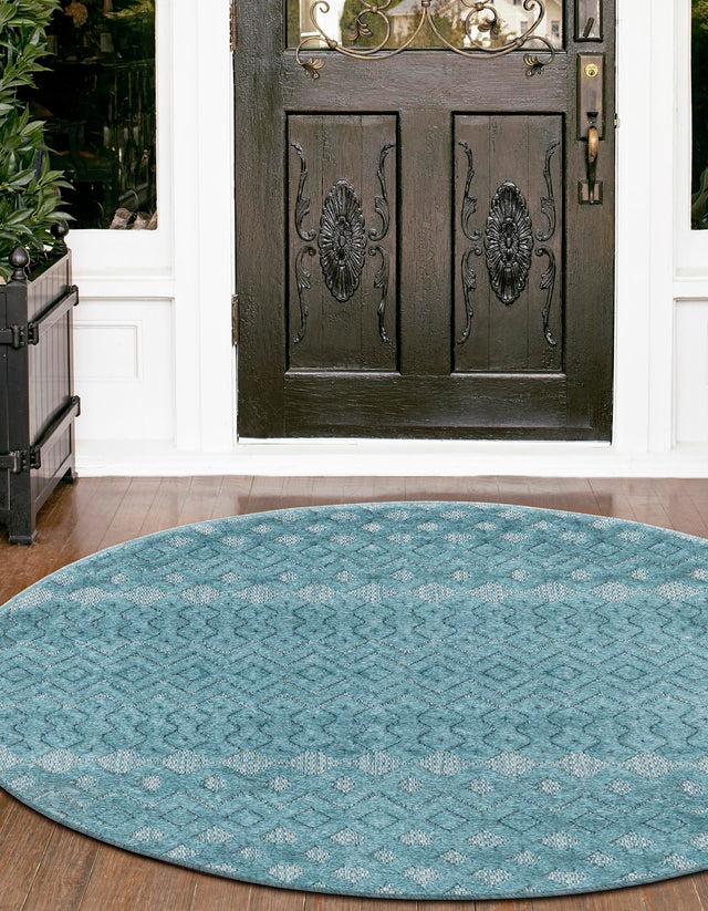 Aqua 4' x 4' Outdoor Trellis Textured Round Area Rug Weather Resistant for Patio, Deck, Terrace, Balcony, Porch Geometric Design Water Safe Outside Carpet for Sale at Rug Engine