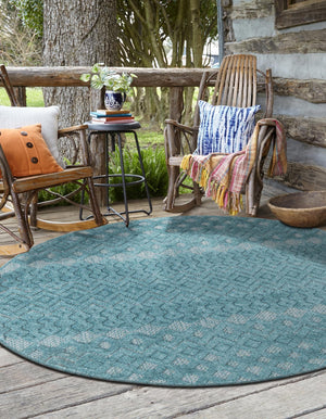 Aqua 4' x 4' Outdoor Trellis Textured Round Area Rug Weather Resistant for Patio, Deck, Terrace, Balcony, Porch Geometric Design Water Safe Outside Carpet for Sale at Rug Engine