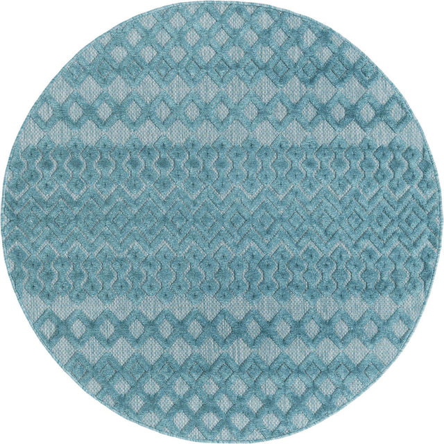 Aqua 5' 3 x 5' 3 Outdoor Trellis Textured Round Area Rug Weather Resistant for Patio, Deck, Terrace, Balcony, Porch Geometric Design Water Safe Outside Carpet for Sale at Rug Engine