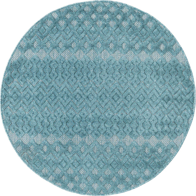 Aqua 4' x 4' Outdoor Trellis Textured Round Area Rug Weather Resistant for Patio, Deck, Terrace, Balcony, Porch Geometric Design Water Safe Outside Carpet for Sale at Rug Engine