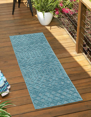 Aqua 2' x 8' Outdoor Trellis Textured Runner Area Rug Weather Resistant for Patio, Deck, Terrace, Balcony, Porch Geometric Design Water Safe Outside Carpet for Sale at Rug Engine
