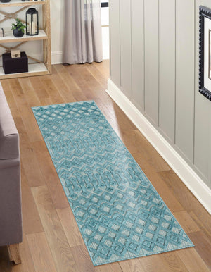 Aqua 2' x 6' Outdoor Trellis Textured Runner Area Rug Weather Resistant for Patio, Deck, Terrace, Balcony, Porch Geometric Design Water Safe Outside Carpet for Sale at Rug Engine