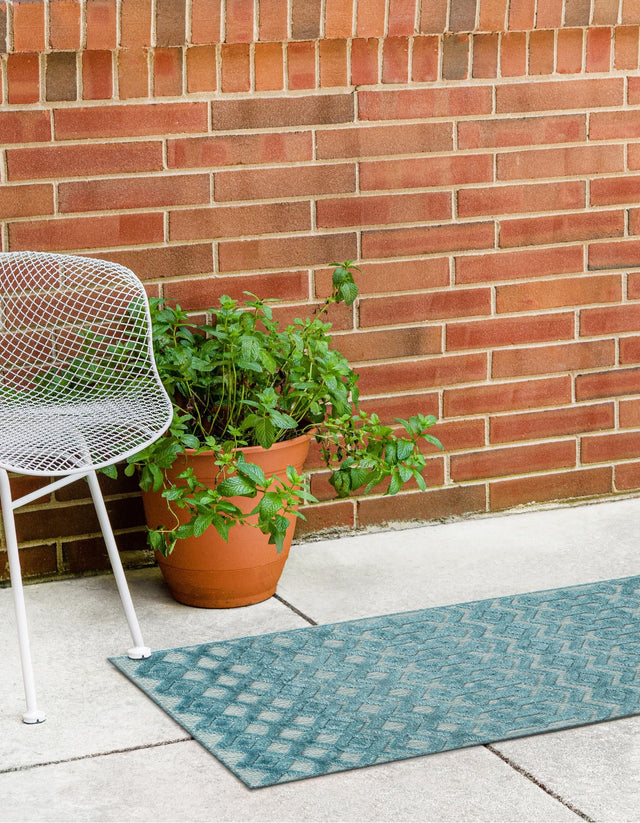 Aqua 2' x 6' Outdoor Trellis Textured Runner Area Rug Weather Resistant for Patio, Deck, Terrace, Balcony, Porch Geometric Design Water Safe Outside Carpet for Sale at Rug Engine