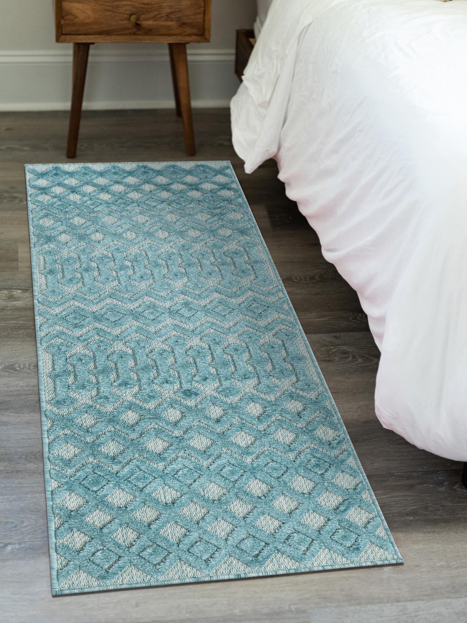 Aqua 2' x 8' Outdoor Trellis Textured Runner Area Rug Weather Resistant for Patio, Deck, Terrace, Balcony, Porch Geometric Design Water Safe Outside Carpet for Sale at Rug Engine