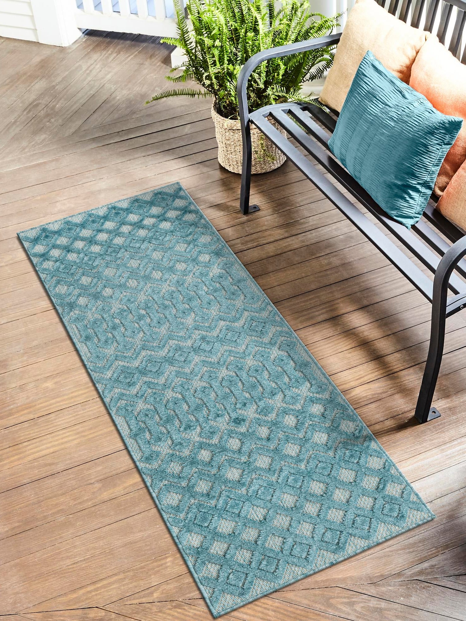 Aqua 2' x 8' Outdoor Trellis Textured Runner Area Rug Weather Resistant for Patio, Deck, Terrace, Balcony, Porch Geometric Design Water Safe Outside Carpet for Sale at Rug Engine