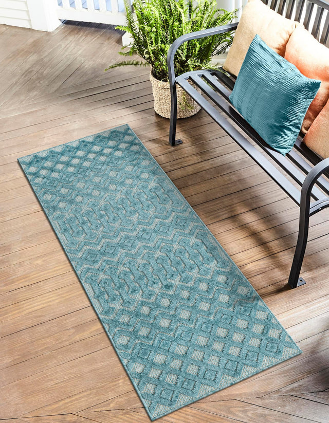Aqua 2' x 8' Outdoor Trellis Textured Runner Area Rug Weather Resistant for Patio, Deck, Terrace, Balcony, Porch Geometric Design Water Safe Outside Carpet for Sale at Rug Engine