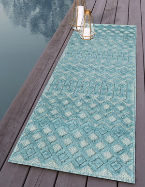 Aqua 2' x 6' Outdoor Trellis Textured Runner Area Rug Weather Resistant for Patio, Deck, Terrace, Balcony, Porch Geometric Design Water Safe Outside Carpet for Sale at Rug Engine