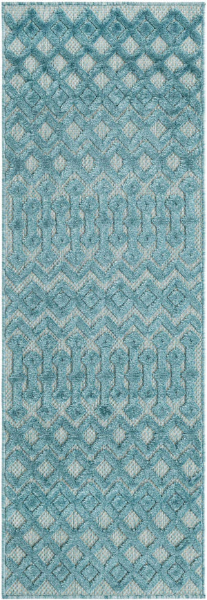 Aqua 2' x 6' Outdoor Trellis Textured Runner Area Rug Weather Resistant for Patio, Deck, Terrace, Balcony, Porch Geometric Design Water Safe Outside Carpet for Sale at Rug Engine