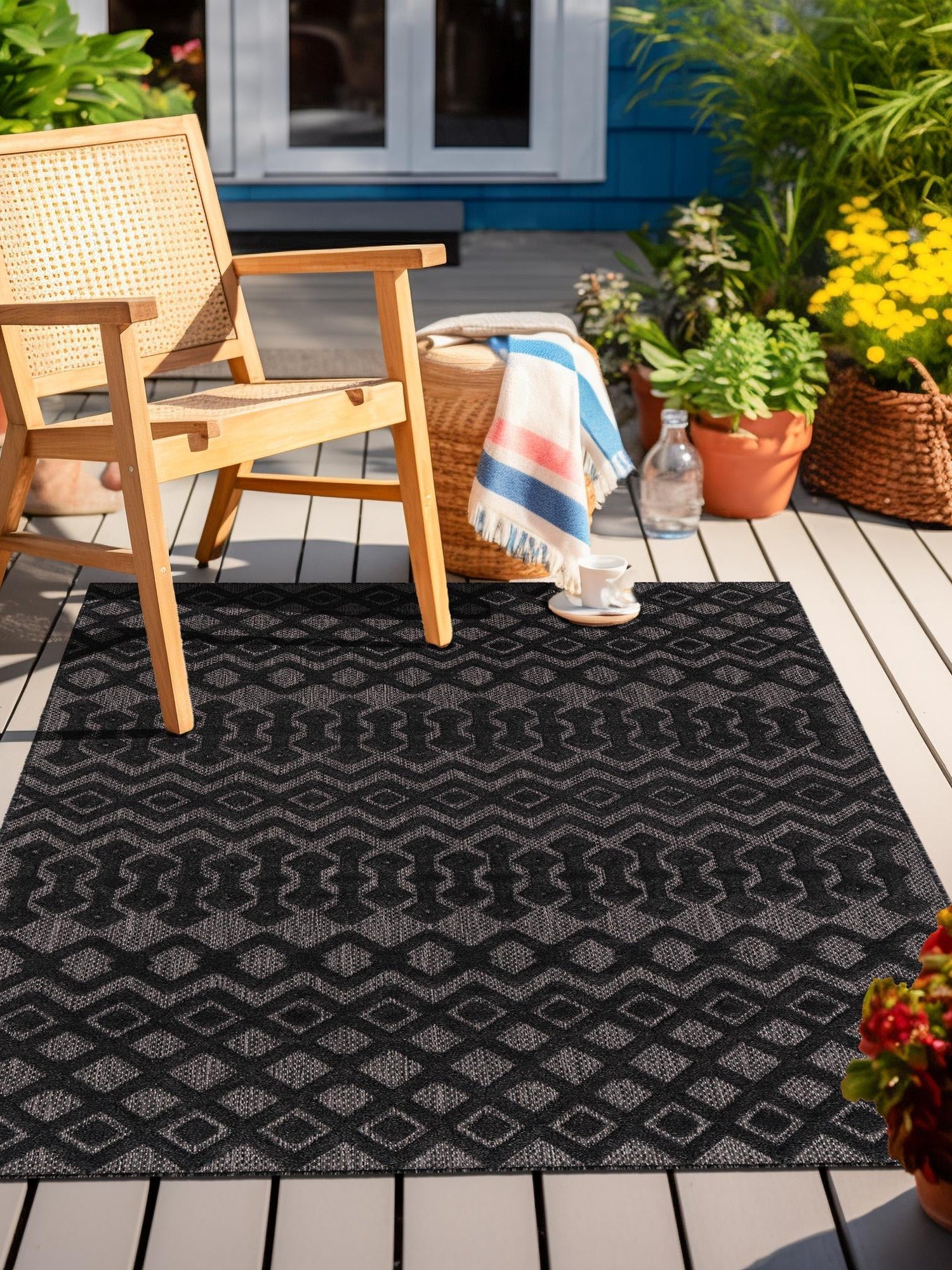 Charcoal 2' x 3' Outdoor Trellis Textured Rectangle Area Rug Weather Resistant for Patio, Deck, Terrace, Balcony, Porch Geometric Design Water Safe Outside Carpet for Sale at Rug Engine