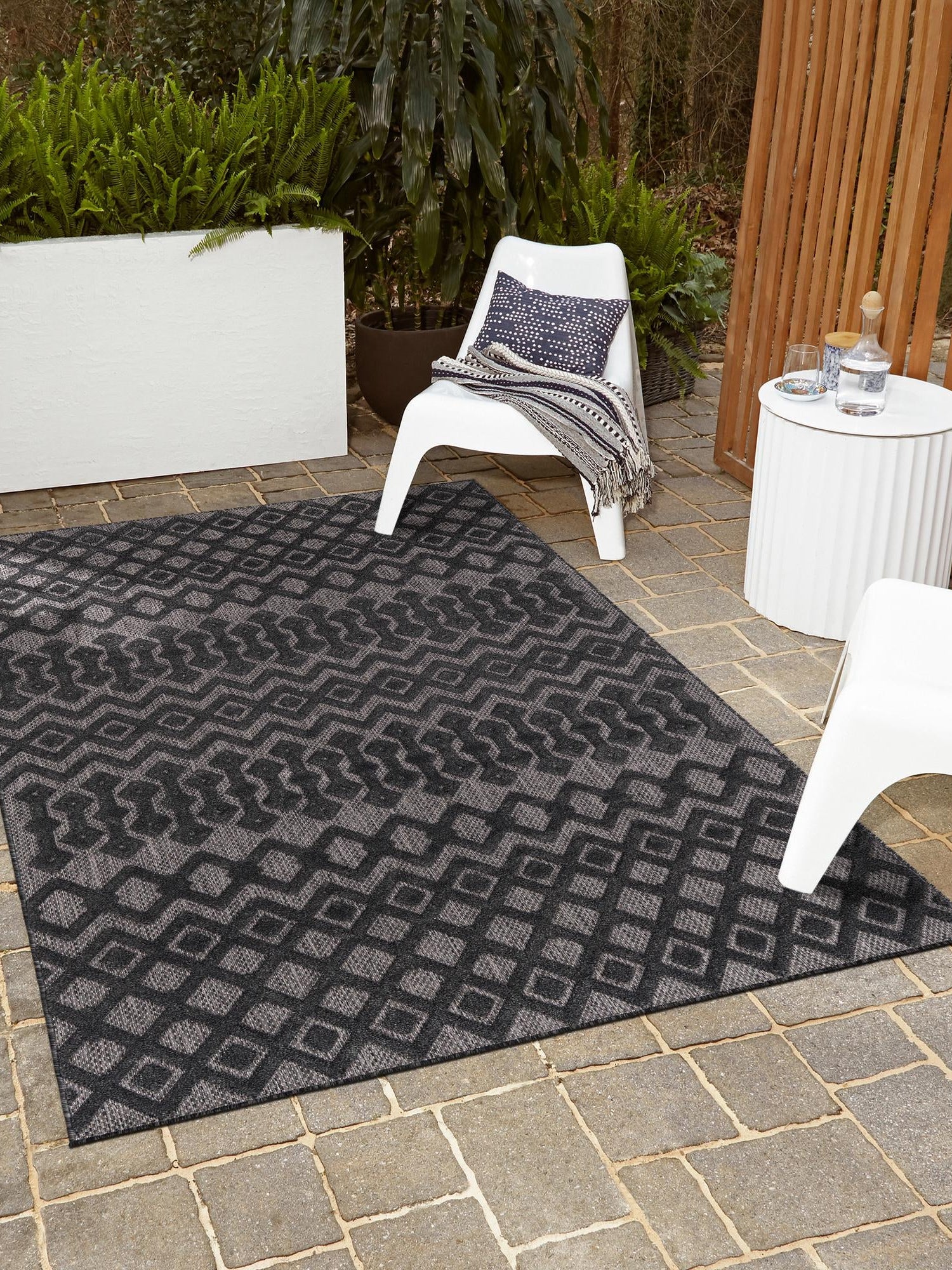 Charcoal 2' x 3' Outdoor Trellis Textured Rectangle Area Rug Weather Resistant for Patio, Deck, Terrace, Balcony, Porch Geometric Design Water Safe Outside Carpet for Sale at Rug Engine