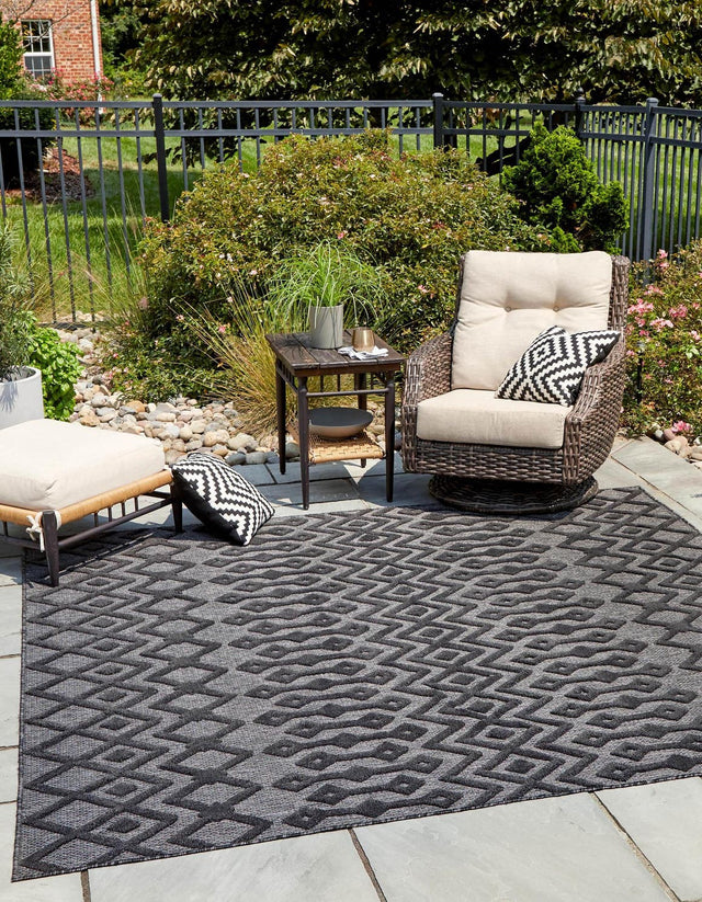 Charcoal 7' 10 x 7' 10 Outdoor Trellis Textured Square Area Rug Weather Resistant for Patio, Deck, Terrace, Balcony, Porch Geometric Design Water Safe Outside Carpet for Sale at Rug Engine