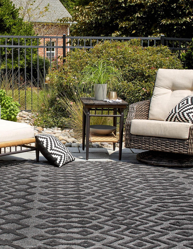 Charcoal 7' 10 x 7' 10 Outdoor Trellis Textured Square Area Rug Weather Resistant for Patio, Deck, Terrace, Balcony, Porch Geometric Design Water Safe Outside Carpet for Sale at Rug Engine