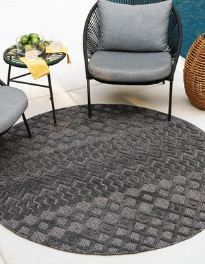 Charcoal 5' 3 x 5' 3 Outdoor Trellis Textured Round Area Rug Weather Resistant for Patio, Deck, Terrace, Balcony, Porch Geometric Design Water Safe Outside Carpet for Sale at Rug Engine