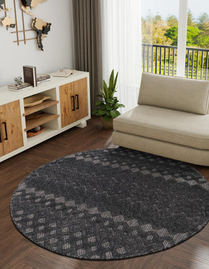 Charcoal 5' 3 x 5' 3 Outdoor Trellis Textured Round Area Rug Weather Resistant for Patio, Deck, Terrace, Balcony, Porch Geometric Design Water Safe Outside Carpet for Sale at Rug Engine