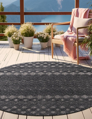Charcoal 5' 3 x 5' 3 Outdoor Trellis Textured Round Area Rug Weather Resistant for Patio, Deck, Terrace, Balcony, Porch Geometric Design Water Safe Outside Carpet for Sale at Rug Engine