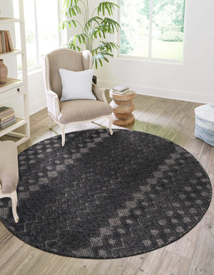 Charcoal 5' 3 x 5' 3 Outdoor Trellis Textured Round Area Rug Weather Resistant for Patio, Deck, Terrace, Balcony, Porch Geometric Design Water Safe Outside Carpet for Sale at Rug Engine