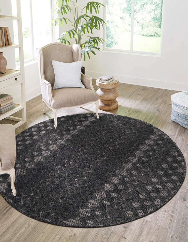 Charcoal 5' 3 x 5' 3 Outdoor Trellis Textured Round Area Rug Weather Resistant for Patio, Deck, Terrace, Balcony, Porch Geometric Design Water Safe Outside Carpet for Sale at Rug Engine