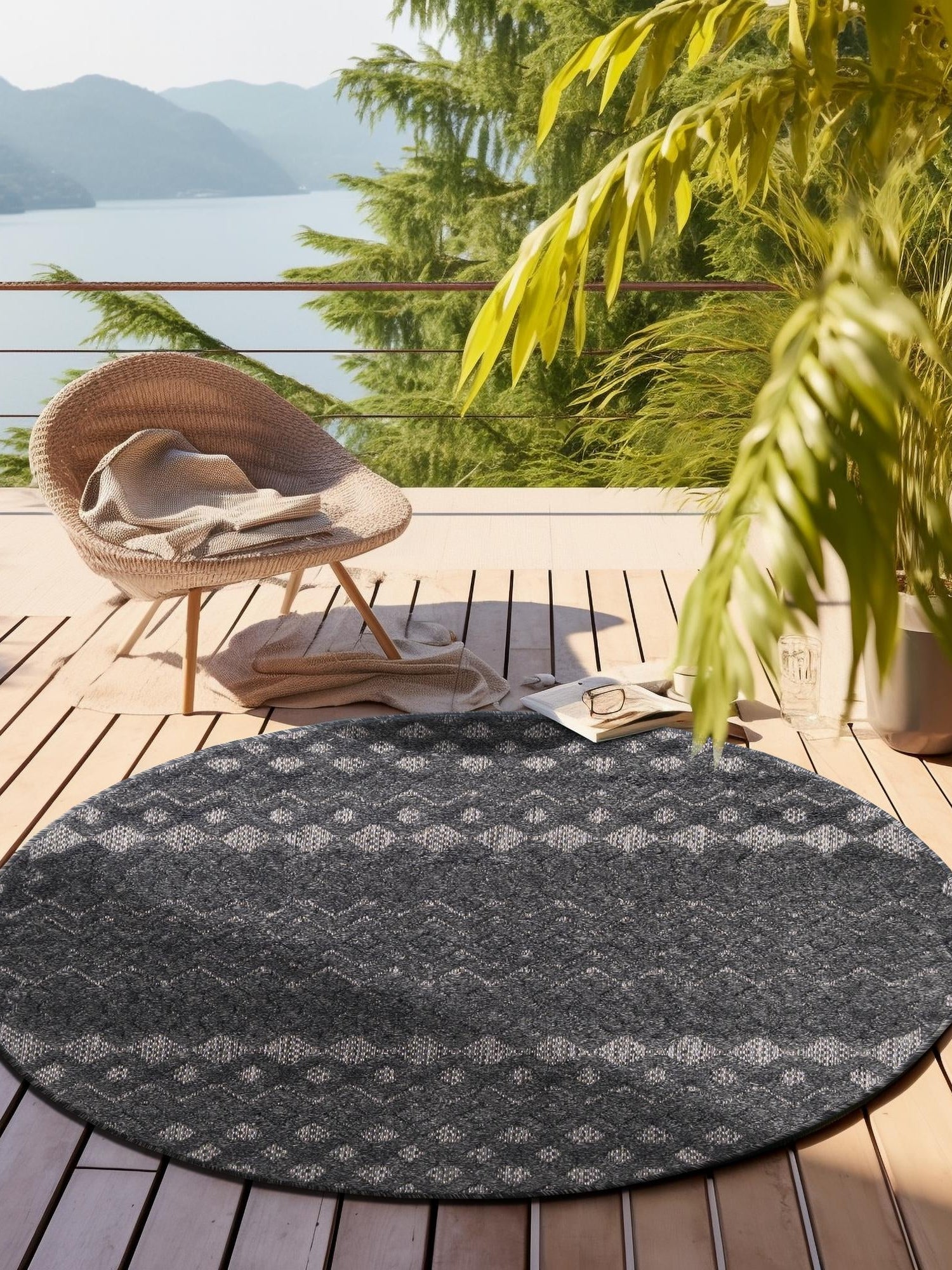 Charcoal 5' 3 x 5' 3 Outdoor Trellis Textured Round Area Rug Weather Resistant for Patio, Deck, Terrace, Balcony, Porch Geometric Design Water Safe Outside Carpet for Sale at Rug Engine