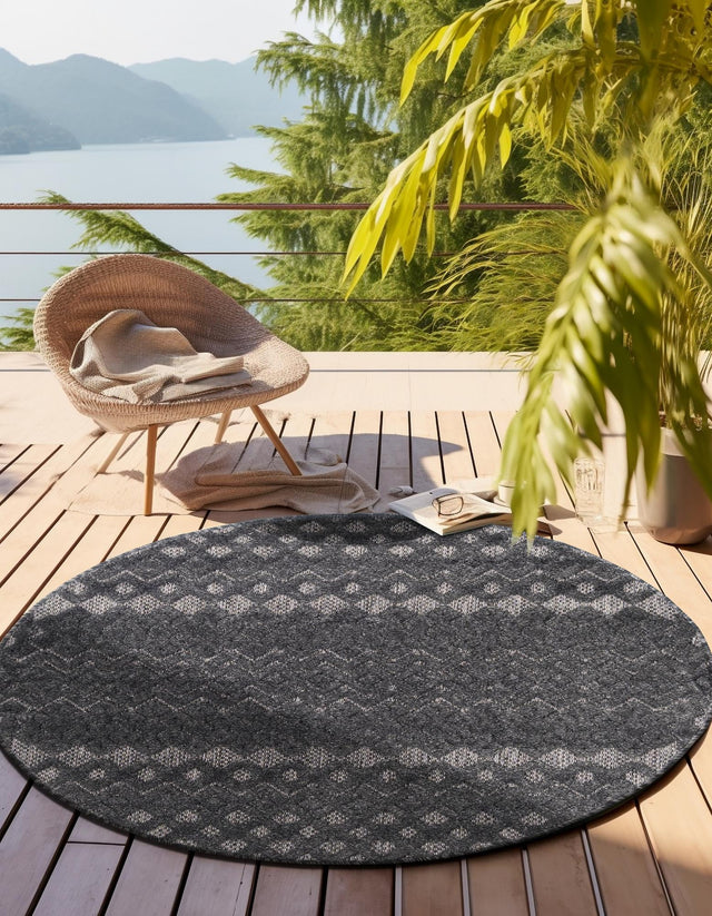 Charcoal 5' 3 x 5' 3 Outdoor Trellis Textured Round Area Rug Weather Resistant for Patio, Deck, Terrace, Balcony, Porch Geometric Design Water Safe Outside Carpet for Sale at Rug Engine