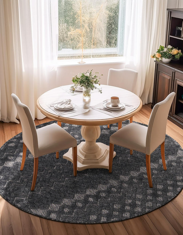 Charcoal 5' 3 x 5' 3 Outdoor Trellis Textured Round Area Rug Weather Resistant for Patio, Deck, Terrace, Balcony, Porch Geometric Design Water Safe Outside Carpet for Sale at Rug Engine