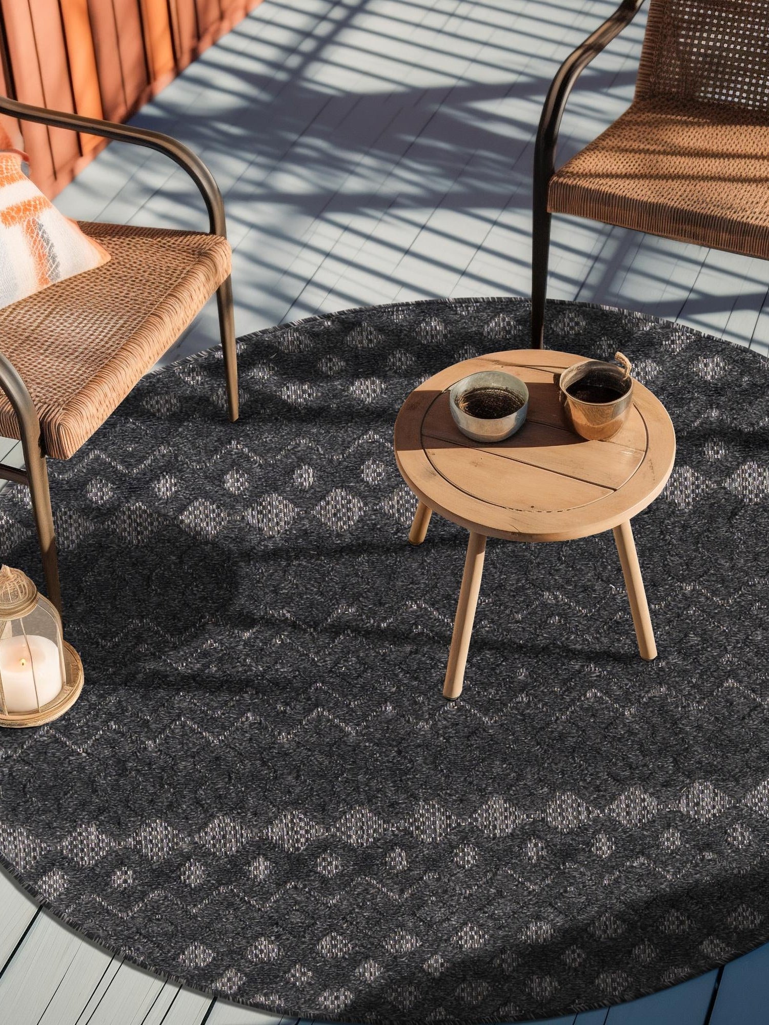 Charcoal 5' 3 x 5' 3 Outdoor Trellis Textured Round Area Rug Weather Resistant for Patio, Deck, Terrace, Balcony, Porch Geometric Design Water Safe Outside Carpet for Sale at Rug Engine