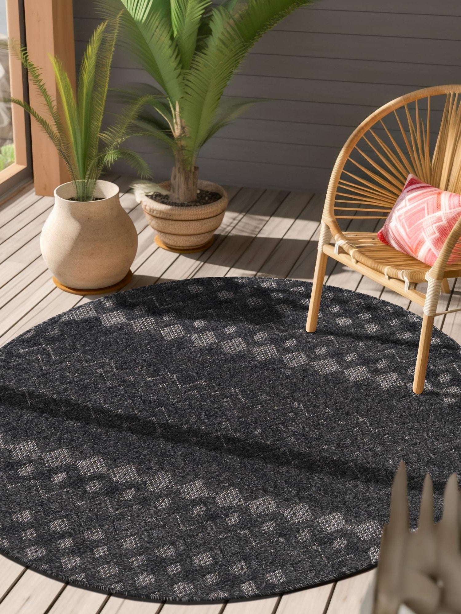 Charcoal 5' 3 x 5' 3 Outdoor Trellis Textured Round Area Rug Weather Resistant for Patio, Deck, Terrace, Balcony, Porch Geometric Design Water Safe Outside Carpet for Sale at Rug Engine