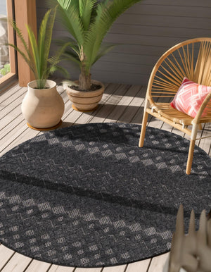 Charcoal 5' 3 x 5' 3 Outdoor Trellis Textured Round Area Rug Weather Resistant for Patio, Deck, Terrace, Balcony, Porch Geometric Design Water Safe Outside Carpet for Sale at Rug Engine