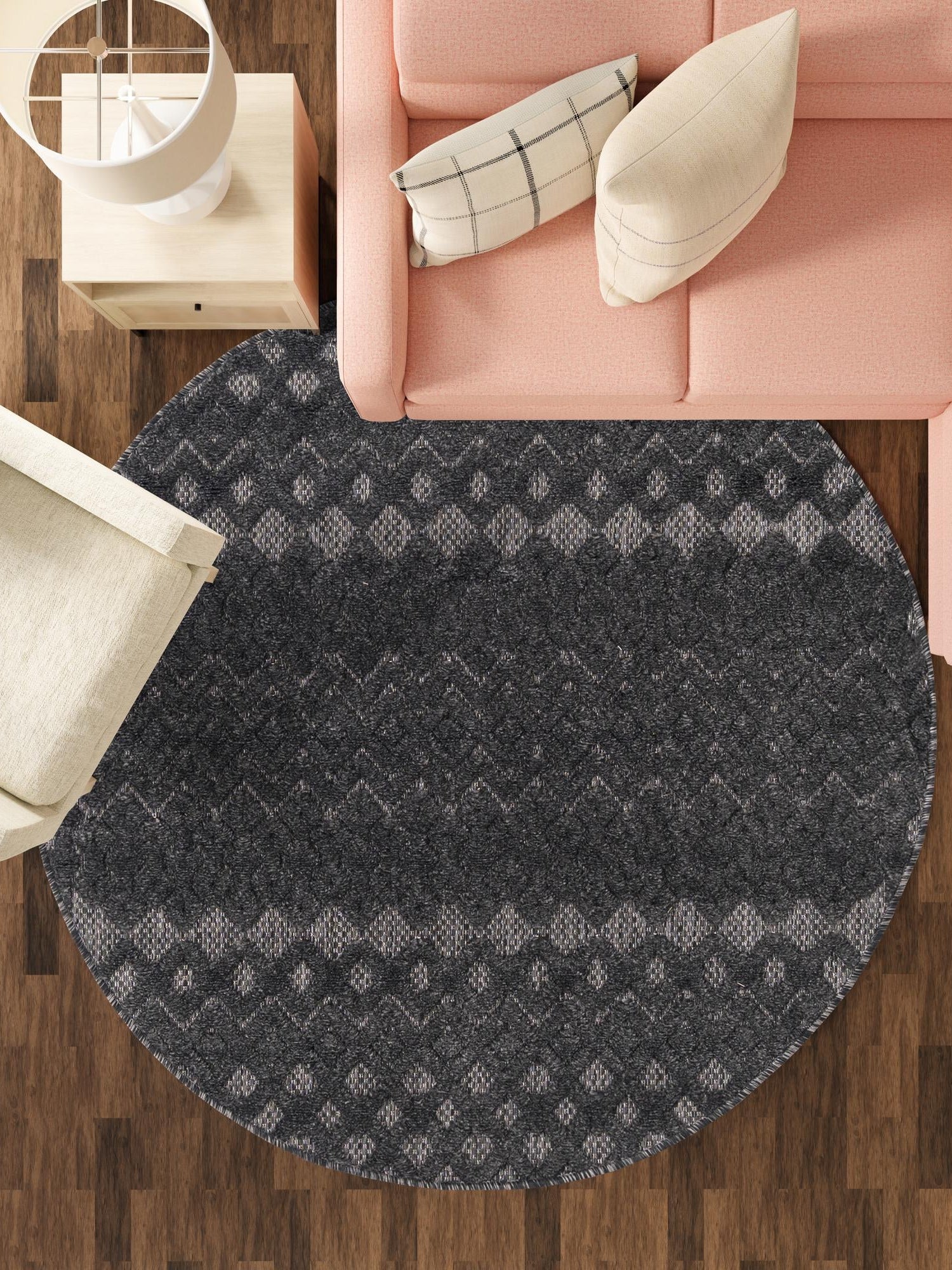 Charcoal 5' 3 x 5' 3 Outdoor Trellis Textured Round Area Rug Weather Resistant for Patio, Deck, Terrace, Balcony, Porch Geometric Design Water Safe Outside Carpet for Sale at Rug Engine