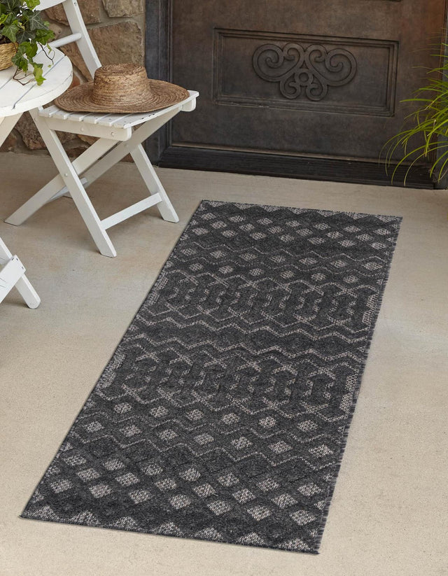 Charcoal 2' x 6' Outdoor Trellis Textured Runner Area Rug Weather Resistant for Patio, Deck, Terrace, Balcony, Porch Geometric Design Water Safe Outside Carpet for Sale at Rug Engine