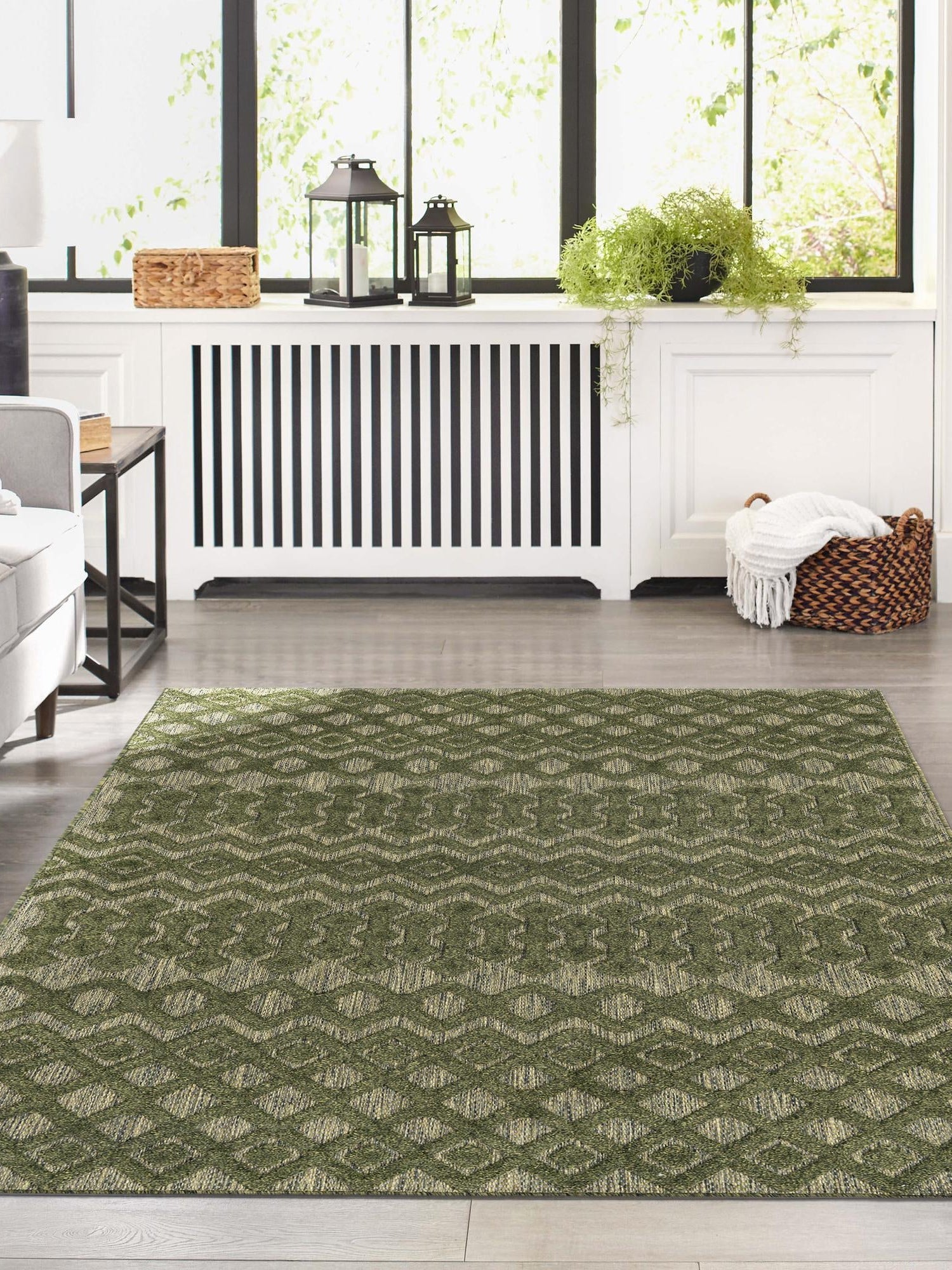 Green 5' 3 x 8' Outdoor Trellis Textured Rectangle Area Rug Weather Resistant for Patio, Deck, Terrace, Balcony, Porch Geometric Design Water Safe Outside Carpet for Sale at Rug Engine