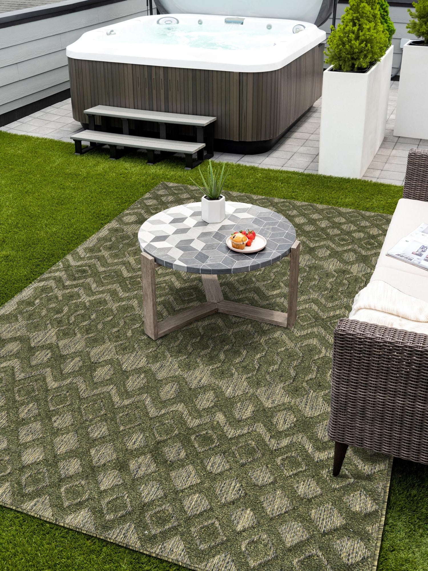 Green 7' 10 x 10' Outdoor Trellis Textured Rectangle Area Rug Weather Resistant for Patio, Deck, Terrace, Balcony, Porch Geometric Design Water Safe Outside Carpet for Sale at Rug Engine