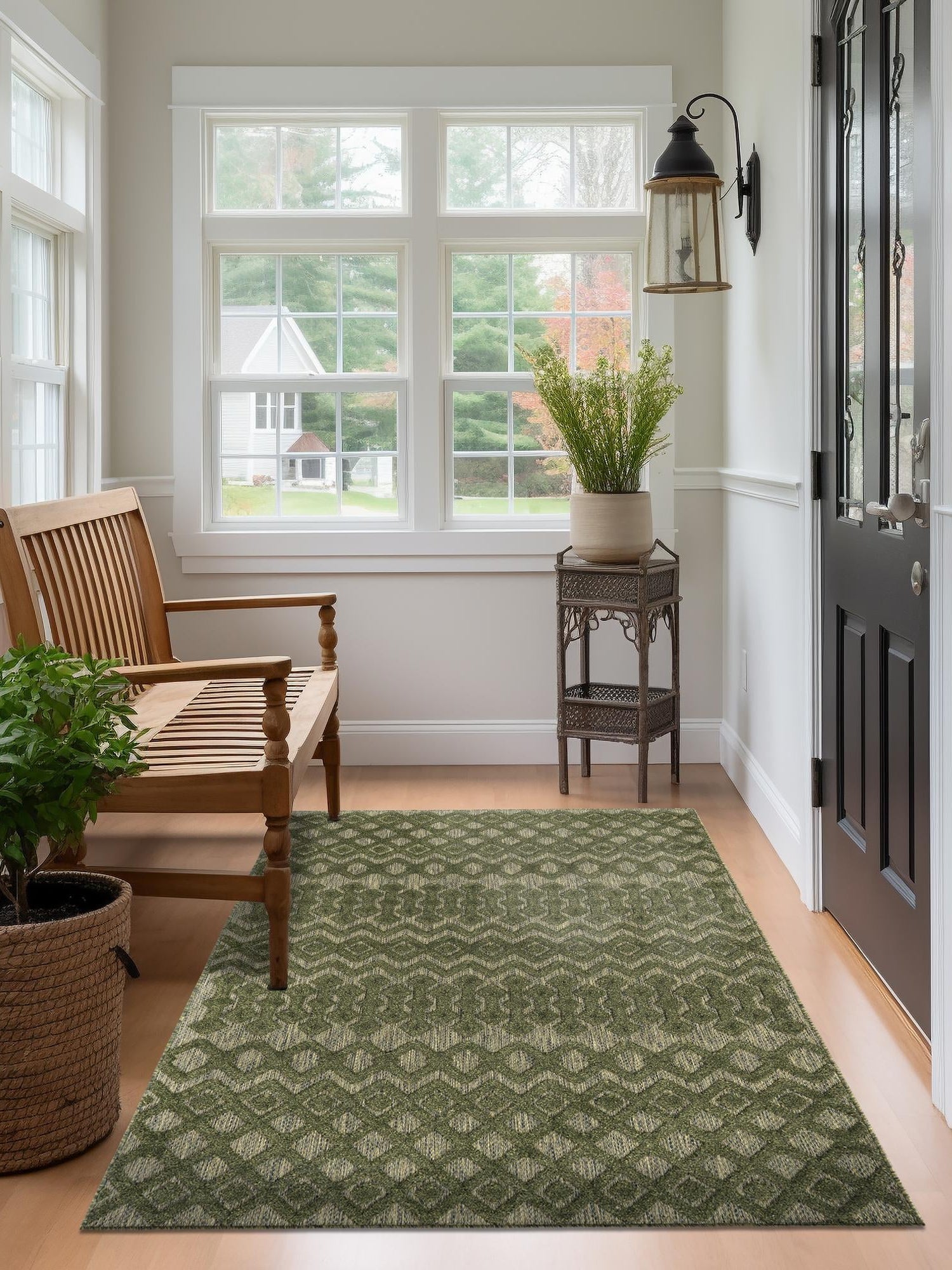 Green 9' x 12' Outdoor Trellis Textured Rectangle Area Rug Weather Resistant for Patio, Deck, Terrace, Balcony, Porch Geometric Design Water Safe Outside Carpet for Sale at Rug Engine
