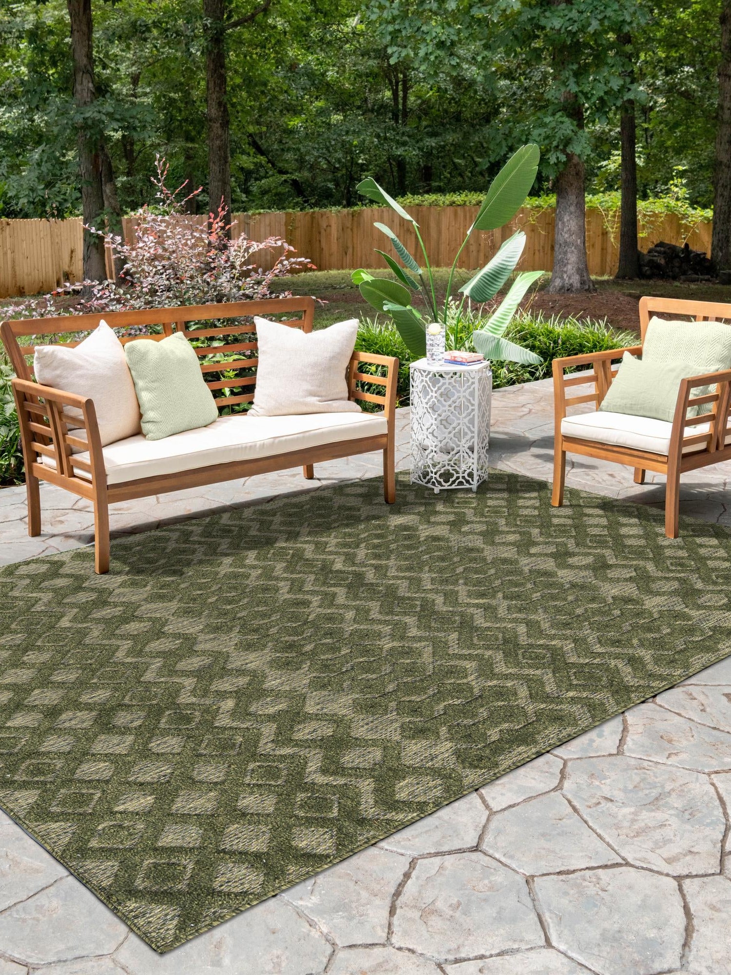 Green 4' x 6' Outdoor Trellis Textured Rectangle Area Rug Weather Resistant for Patio, Deck, Terrace, Balcony, Porch Geometric Design Water Safe Outside Carpet for Sale at Rug Engine