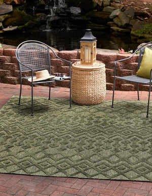 Green 7' 10 x 7' 10 Outdoor Trellis Textured Square Area Rug Weather Resistant for Patio, Deck, Terrace, Balcony, Porch Geometric Design Water Safe Outside Carpet for Sale at Rug Engine