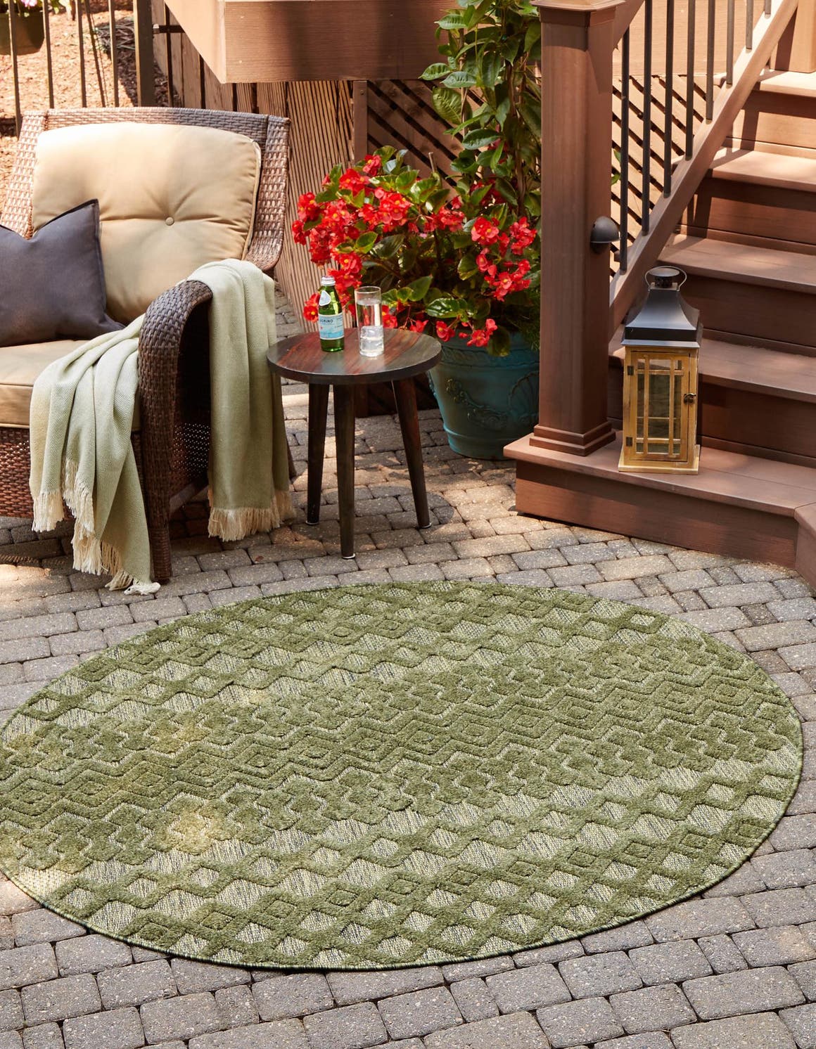 Green 5' 3 x 5' 3 Outdoor Trellis Textured Round Area Rug Weather Resistant for Patio, Deck, Terrace, Balcony, Porch Geometric Design Water Safe Outside Carpet for Sale at Rug Engine