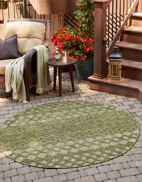 Green 5' 3 x 5' 3 Outdoor Trellis Textured Round Area Rug Weather Resistant for Patio, Deck, Terrace, Balcony, Porch Geometric Design Water Safe Outside Carpet for Sale at Rug Engine