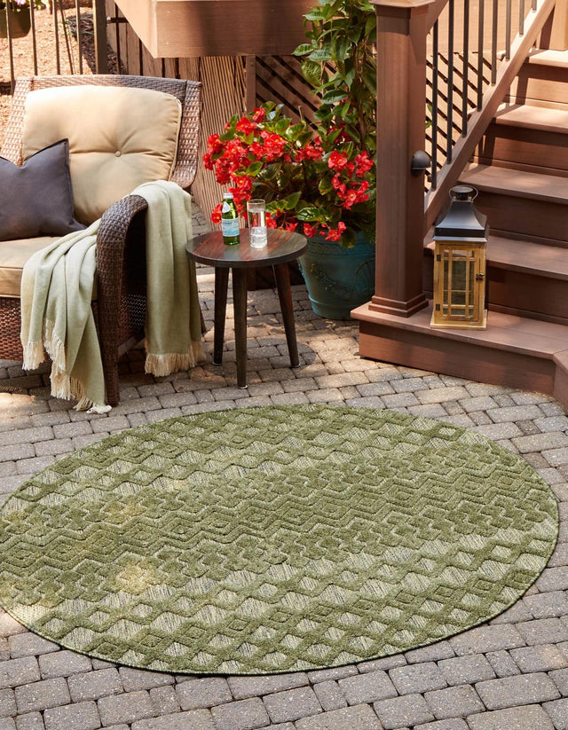 Green 5' 3 x 5' 3 Outdoor Trellis Textured Round Area Rug Weather Resistant for Patio, Deck, Terrace, Balcony, Porch Geometric Design Water Safe Outside Carpet for Sale at Rug Engine