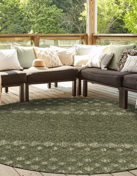 Green 5' 3 x 5' 3 Outdoor Trellis Textured Round Area Rug Weather Resistant for Patio, Deck, Terrace, Balcony, Porch Geometric Design Water Safe Outside Carpet for Sale at Rug Engine