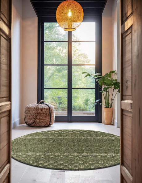 Green 5' 3 x 5' 3 Outdoor Trellis Textured Round Area Rug Weather Resistant for Patio, Deck, Terrace, Balcony, Porch Geometric Design Water Safe Outside Carpet for Sale at Rug Engine