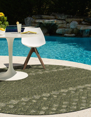 Green 5' 3 x 5' 3 Outdoor Trellis Textured Round Area Rug Weather Resistant for Patio, Deck, Terrace, Balcony, Porch Geometric Design Water Safe Outside Carpet for Sale at Rug Engine