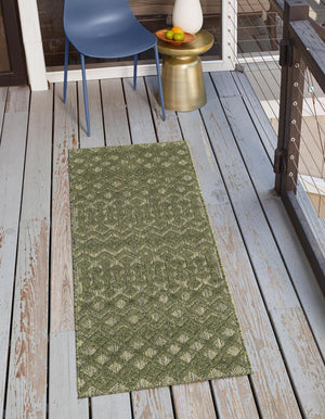 Green 2' x 8' Outdoor Trellis Textured Runner Area Rug Weather Resistant for Patio, Deck, Terrace, Balcony, Porch Geometric Design Water Safe Outside Carpet for Sale at Rug Engine