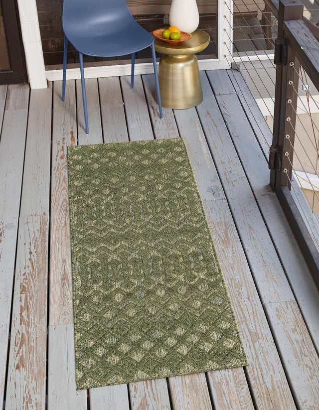Green 2' x 8' Outdoor Trellis Textured Runner Area Rug Weather Resistant for Patio, Deck, Terrace, Balcony, Porch Geometric Design Water Safe Outside Carpet for Sale at Rug Engine