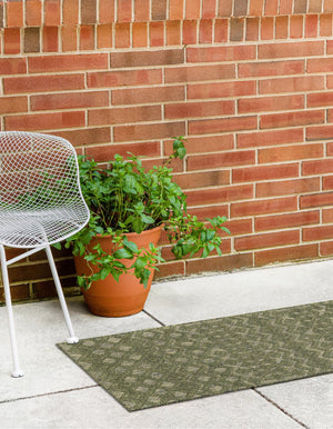 Green 2' x 8' Outdoor Trellis Textured Runner Area Rug Weather Resistant for Patio, Deck, Terrace, Balcony, Porch Geometric Design Water Safe Outside Carpet for Sale at Rug Engine