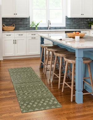 Green 2' x 8' Outdoor Trellis Textured Runner Area Rug Weather Resistant for Patio, Deck, Terrace, Balcony, Porch Geometric Design Water Safe Outside Carpet for Sale at Rug Engine