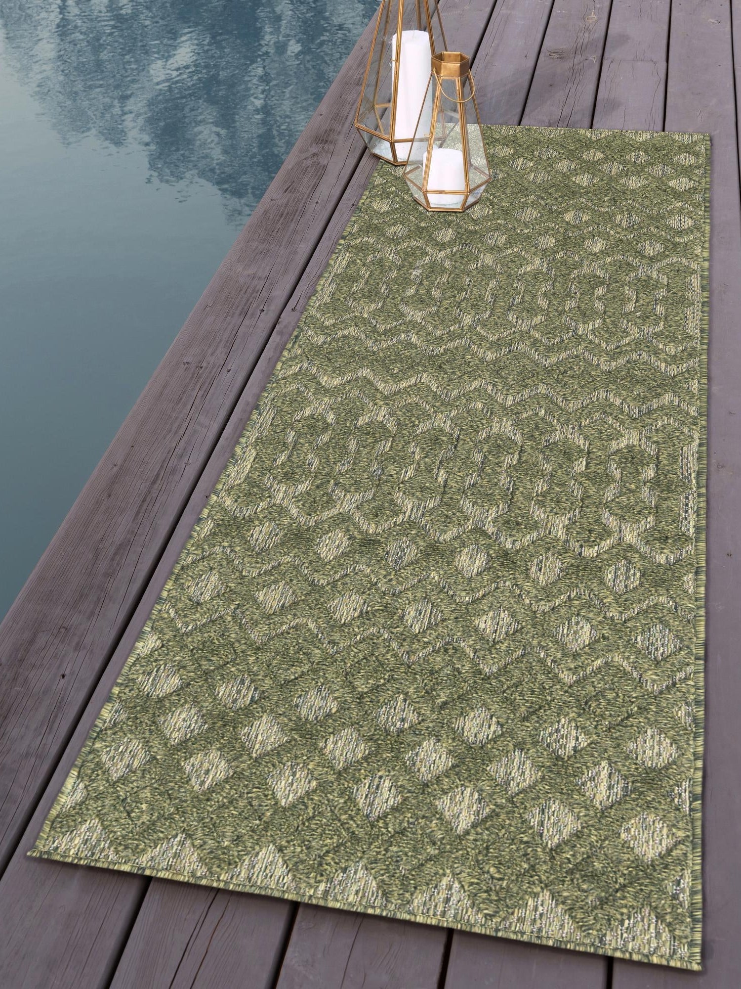 Green 2' x 8' Outdoor Trellis Textured Runner Area Rug Weather Resistant for Patio, Deck, Terrace, Balcony, Porch Geometric Design Water Safe Outside Carpet for Sale at Rug Engine