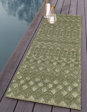 Green 2' x 8' Outdoor Trellis Textured Runner Area Rug Weather Resistant for Patio, Deck, Terrace, Balcony, Porch Geometric Design Water Safe Outside Carpet for Sale at Rug Engine
