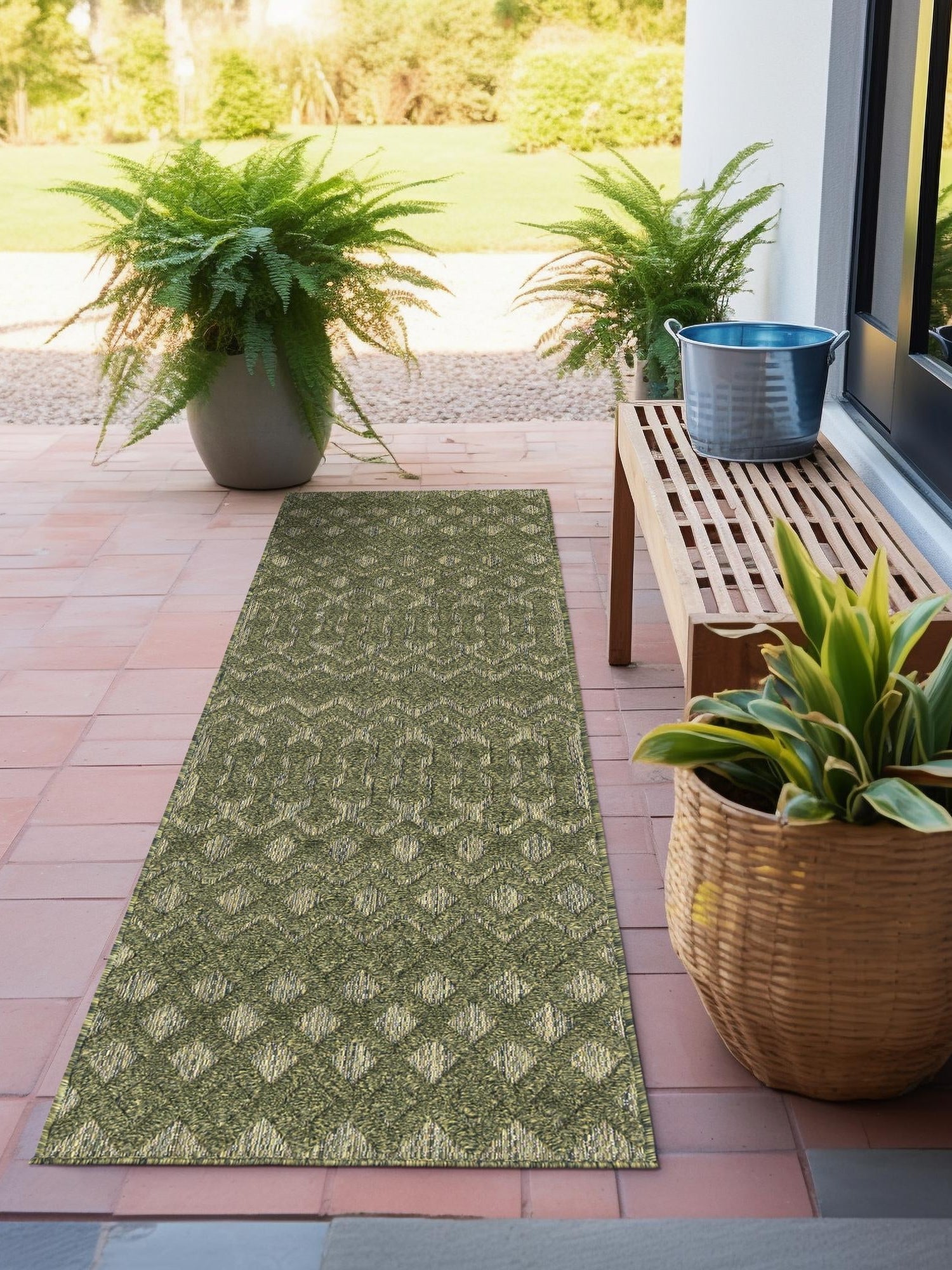 Green 2' x 8' Outdoor Trellis Textured Runner Area Rug Weather Resistant for Patio, Deck, Terrace, Balcony, Porch Geometric Design Water Safe Outside Carpet for Sale at Rug Engine