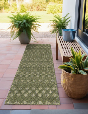 Green 2' x 8' Outdoor Trellis Textured Runner Area Rug Weather Resistant for Patio, Deck, Terrace, Balcony, Porch Geometric Design Water Safe Outside Carpet for Sale at Rug Engine