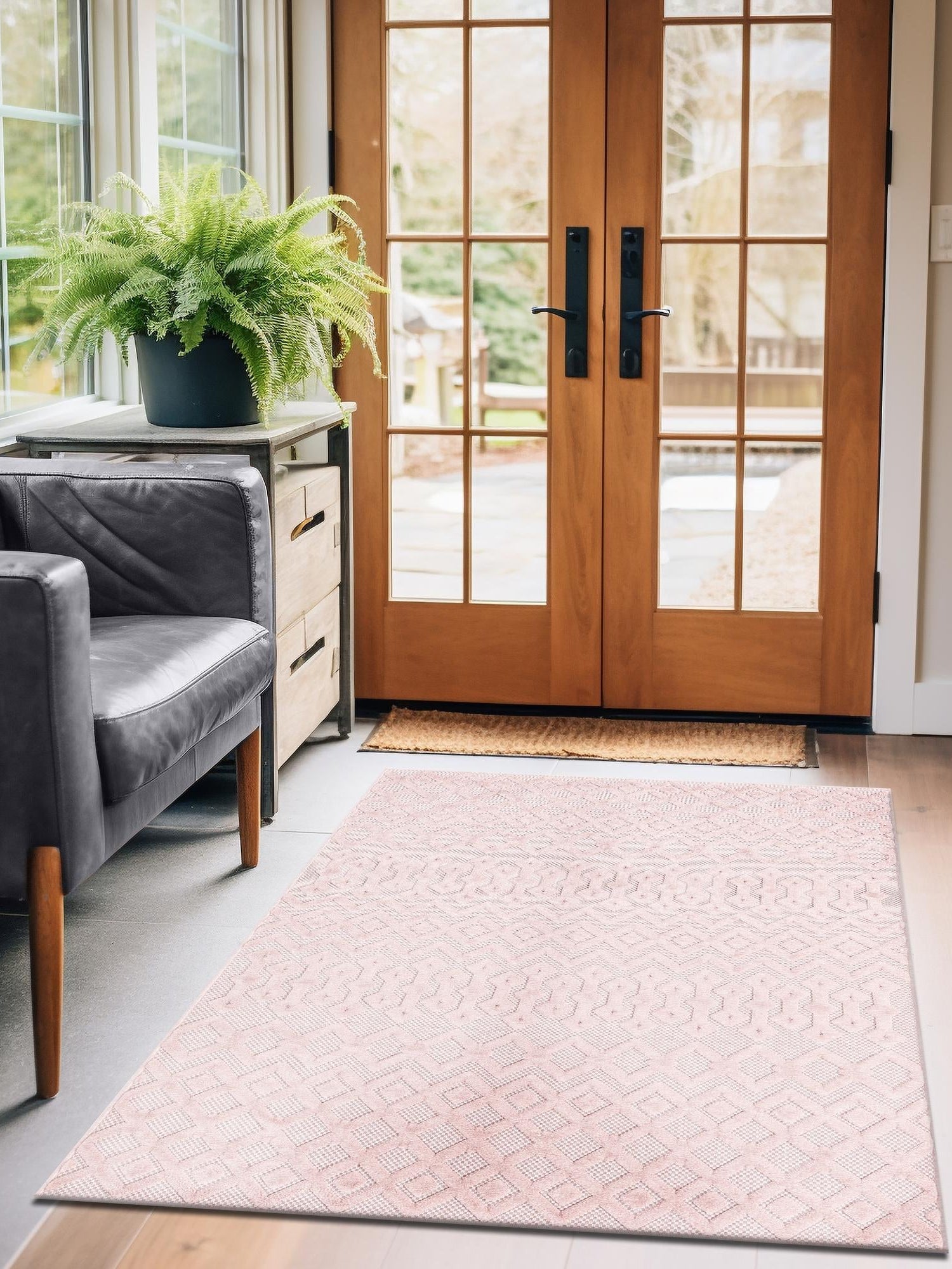 Pink 4' x 6' Outdoor Trellis Textured Rectangle Area Rug Weather Resistant for Patio, Deck, Terrace, Balcony, Porch Geometric Design Water Safe Outside Carpet for Sale at Rug Engine