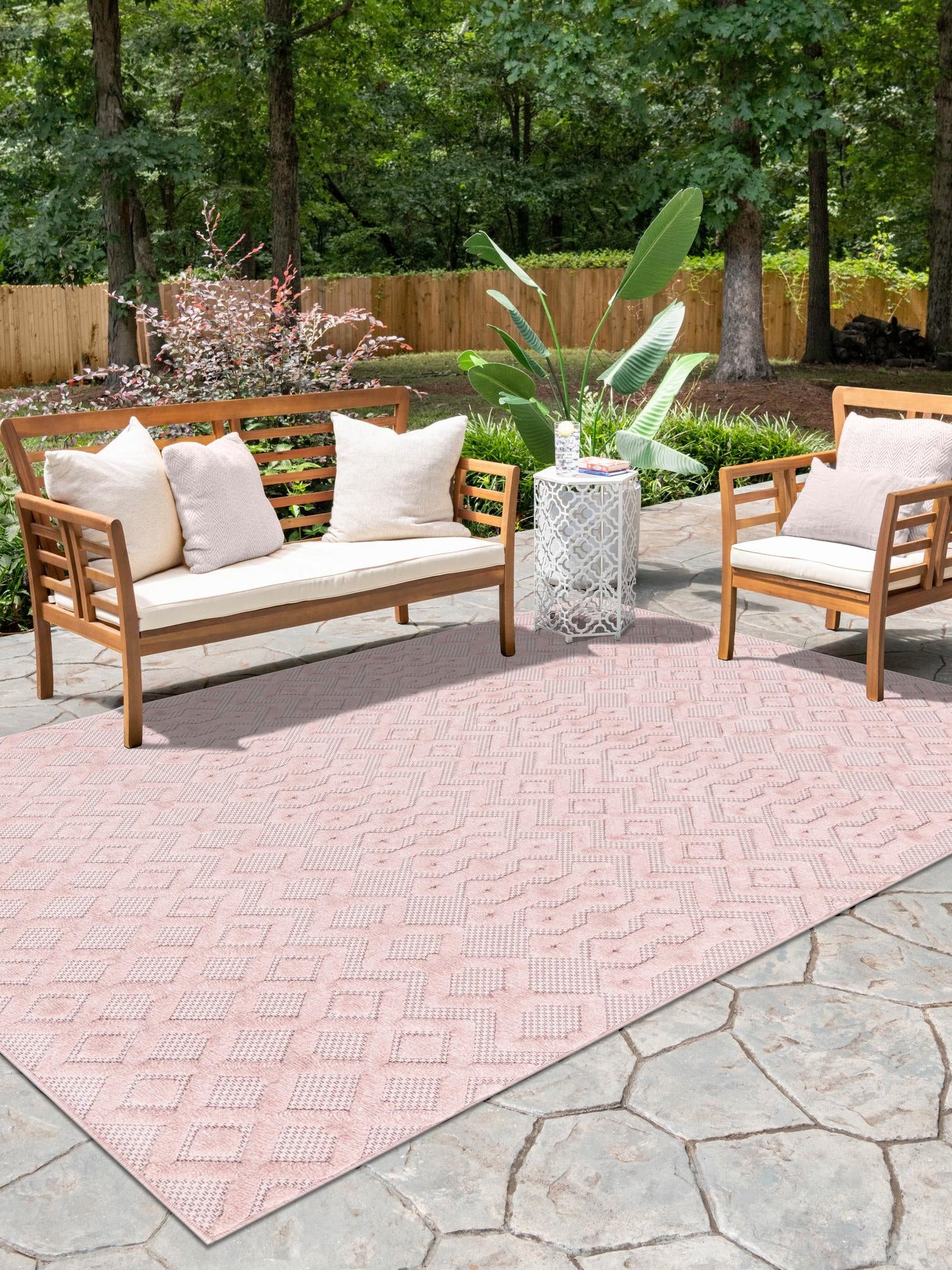 Pink 2' x 3' Outdoor Trellis Textured Rectangle Area Rug Weather Resistant for Patio, Deck, Terrace, Balcony, Porch Geometric Design Water Safe Outside Carpet for Sale at Rug Engine